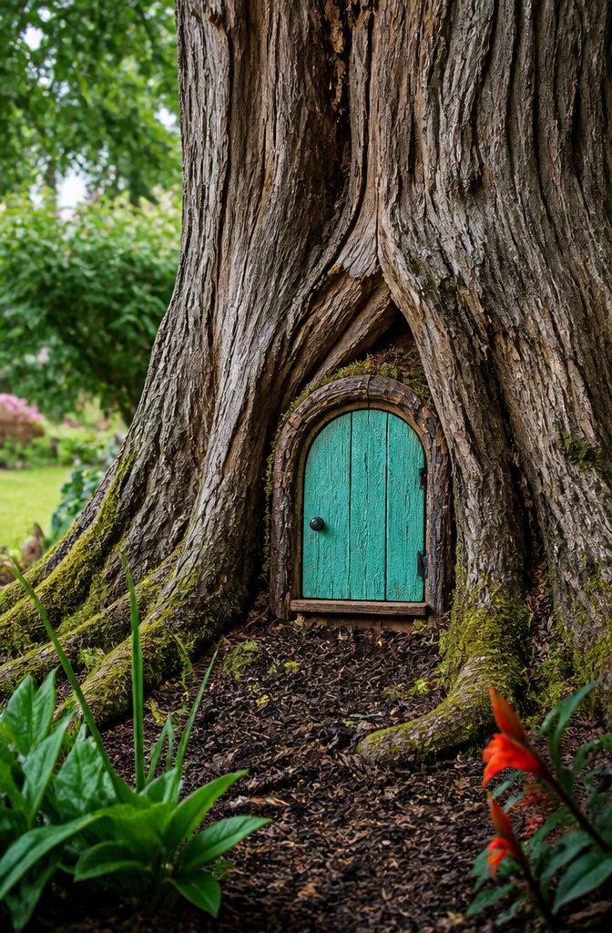A small blue door set into the roots of a gray tree.