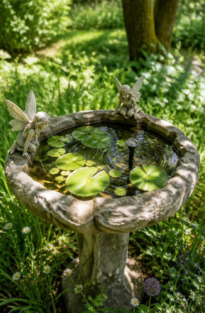 A birdbath filled with lily pads and two fairy figurines.