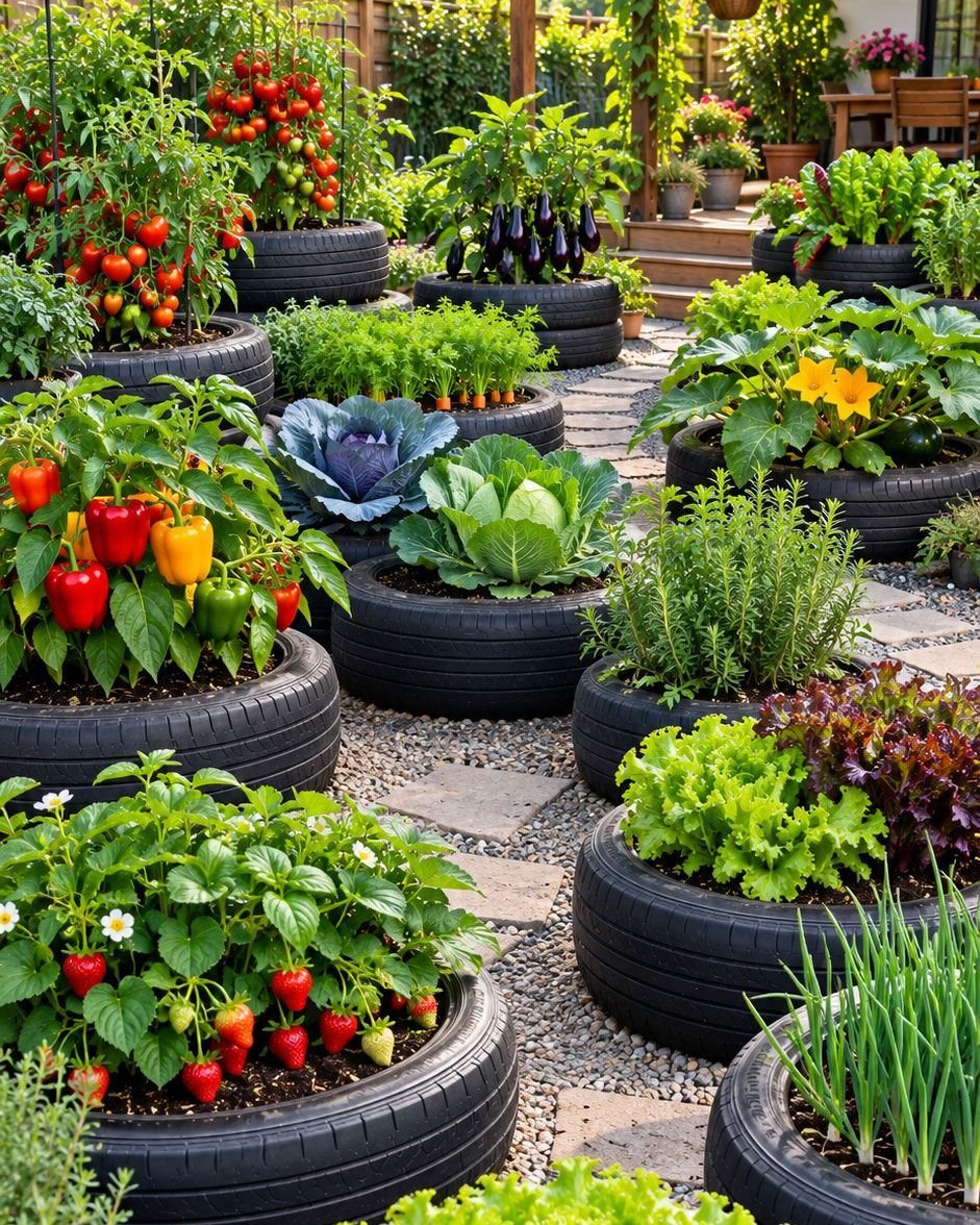 11 Dream Garden Vegetable Ideas for Every Space 10 Vegetables like peppers and strawberries growing in black tires used as garden containers on gravel.