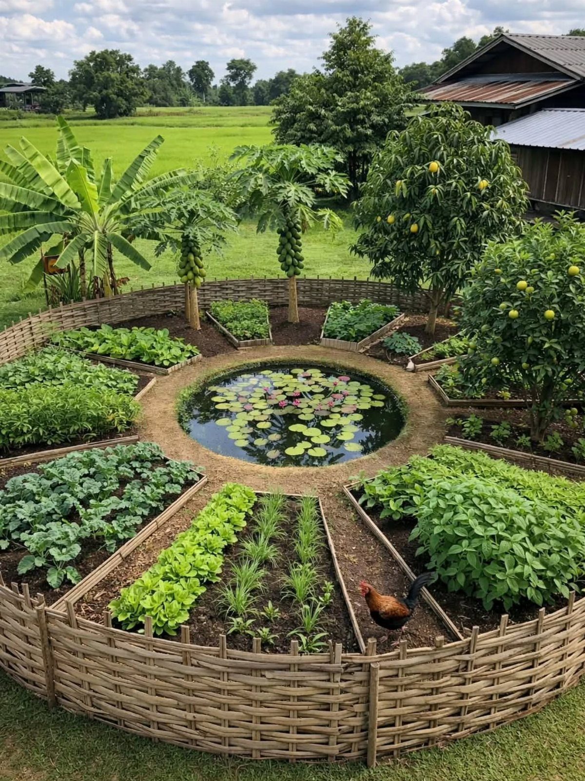 11 Dream Garden Vegetable Ideas for Every Space 11 A circular garden with a central lily pond and various vegetable beds enclosed by a wicker fence.