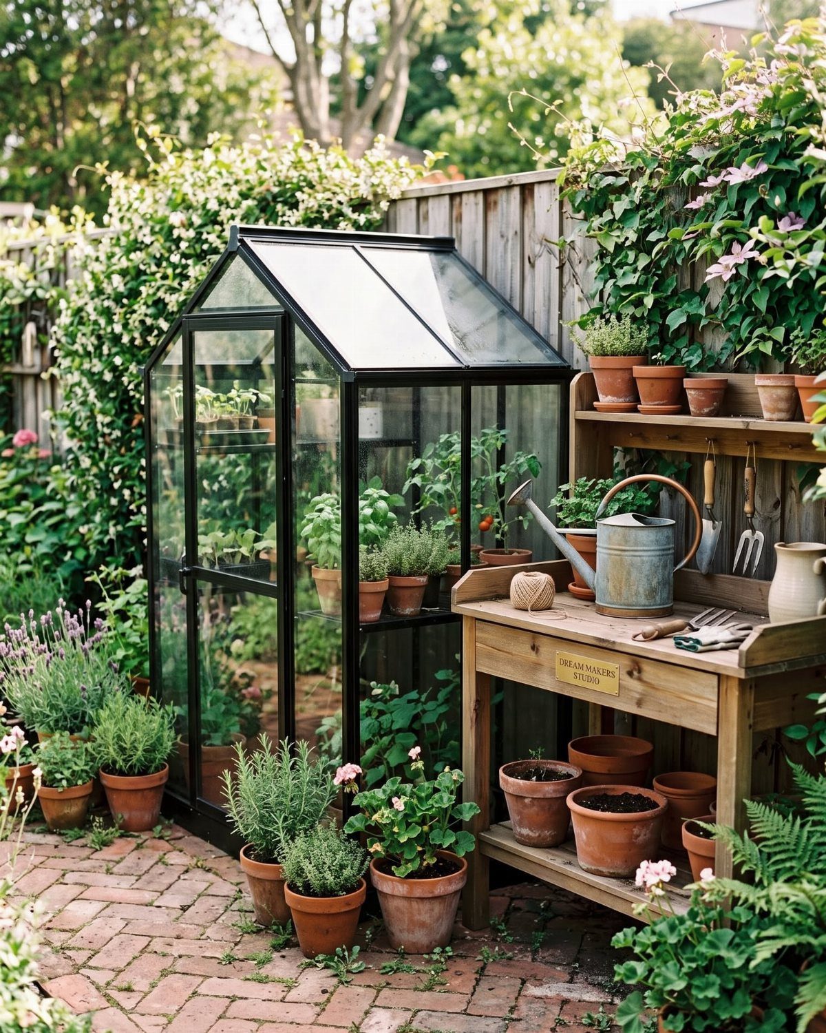 11 Dream Garden Vegetable Ideas for Every Space 3 A glass greenhouse and a wooden potting bench filled with many terracotta plant pots on a brick patio.