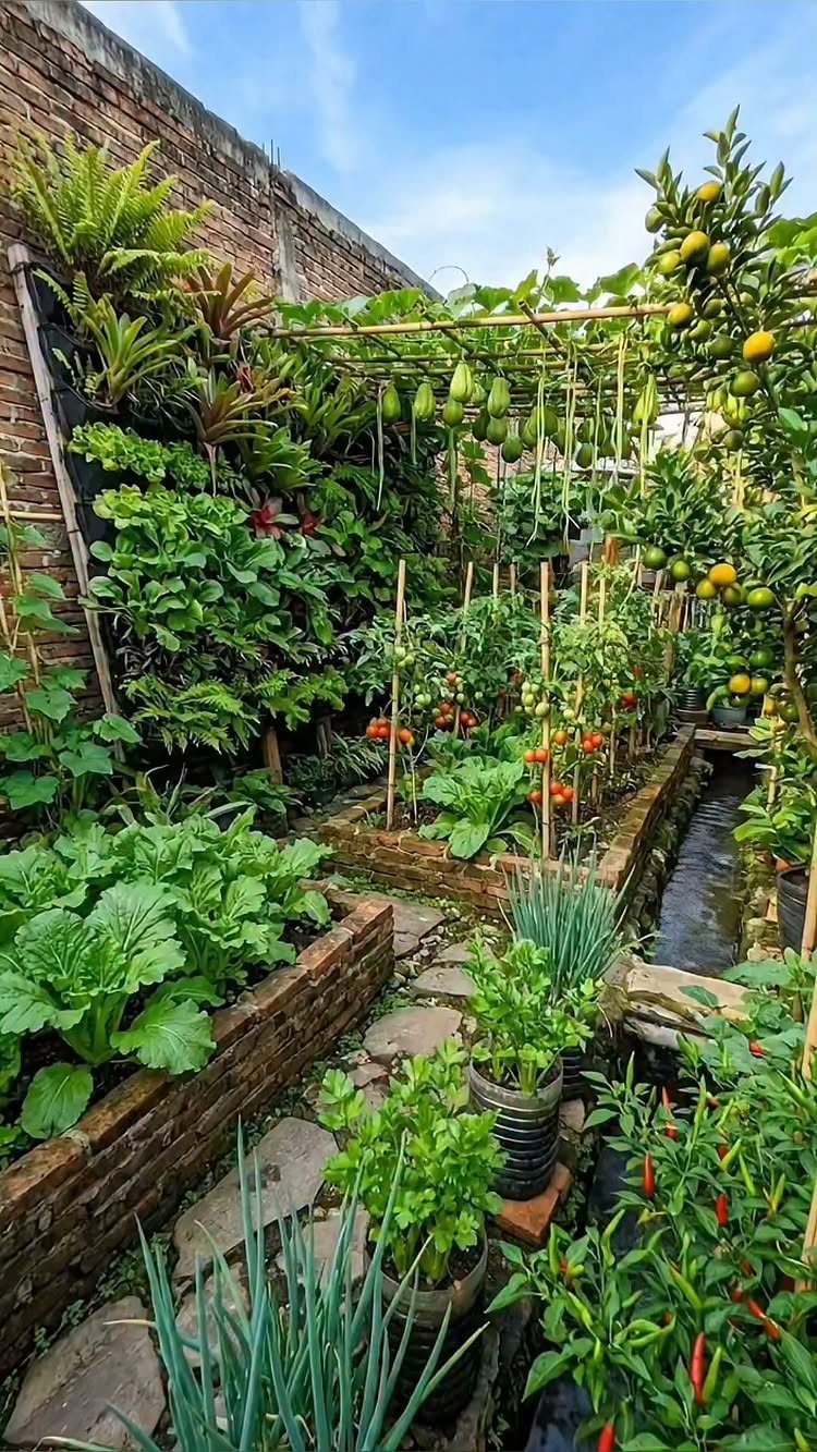 11 Dream Garden Vegetable Ideas for Every Space 8 Lush vegetable garden with raised brick beds, vertical green wall, and climbing plants on a trellis.