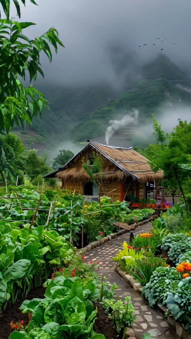 11 Dream Garden Vegetable Ideas for Every Space 4 Lush green vegetable plants and colorful flowers line a stone path leading to a thatched hut.