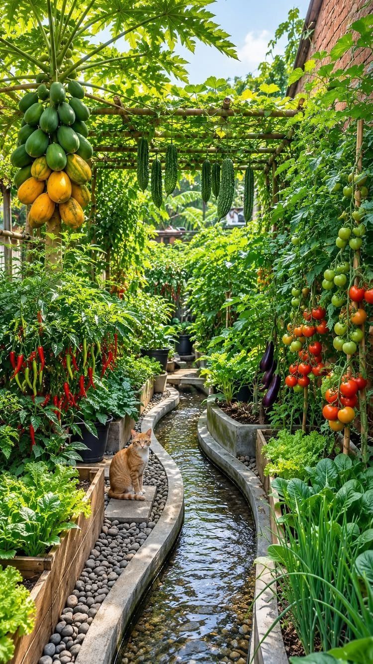 11 Dream Garden Vegetable Ideas for Every Space 2 Lush vegetable garden with a small stream, red chilies, tomatoes, and a ginger cat sitting nearby.