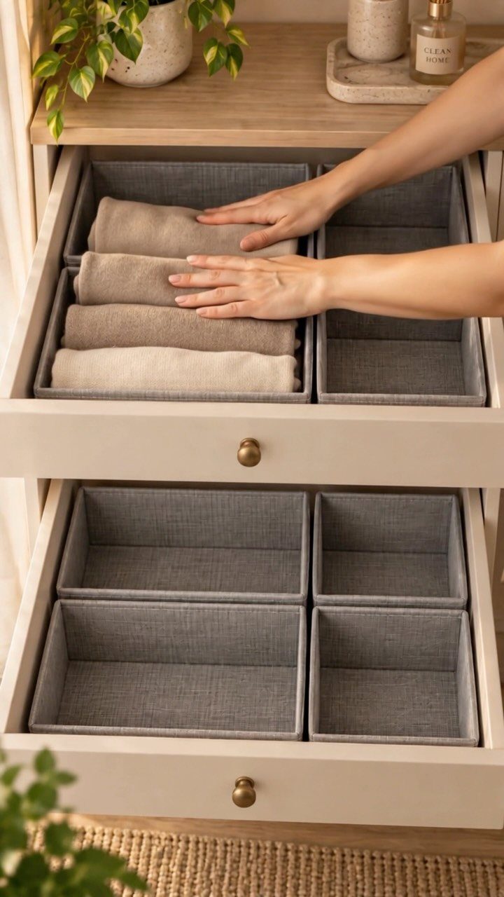 Hands organizing folded beige clothes into grey fabric bins inside an open white dresser drawer.