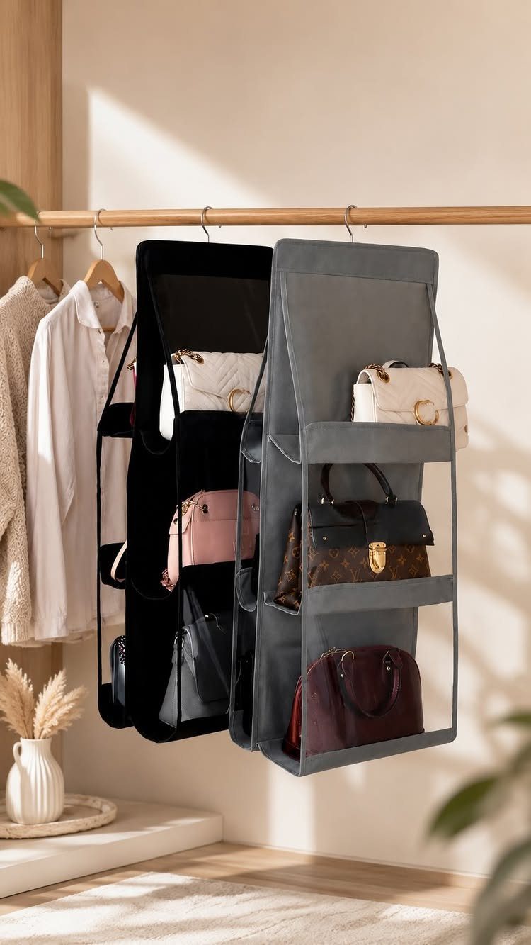 Hanging fabric organizers holding several different handbags in a minimalist closet setting.