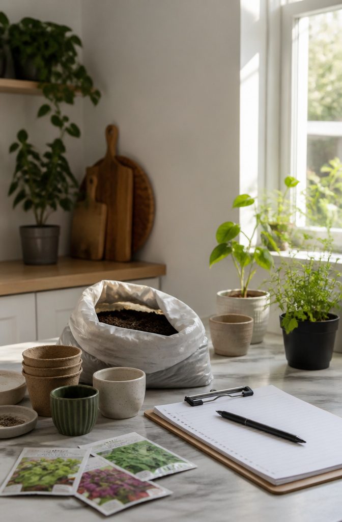 Easy Indoor Garden: 9 Low-Upkeep Systems for Home Growing 3 A minimalist kitchen countertop with a small indoor garden setup