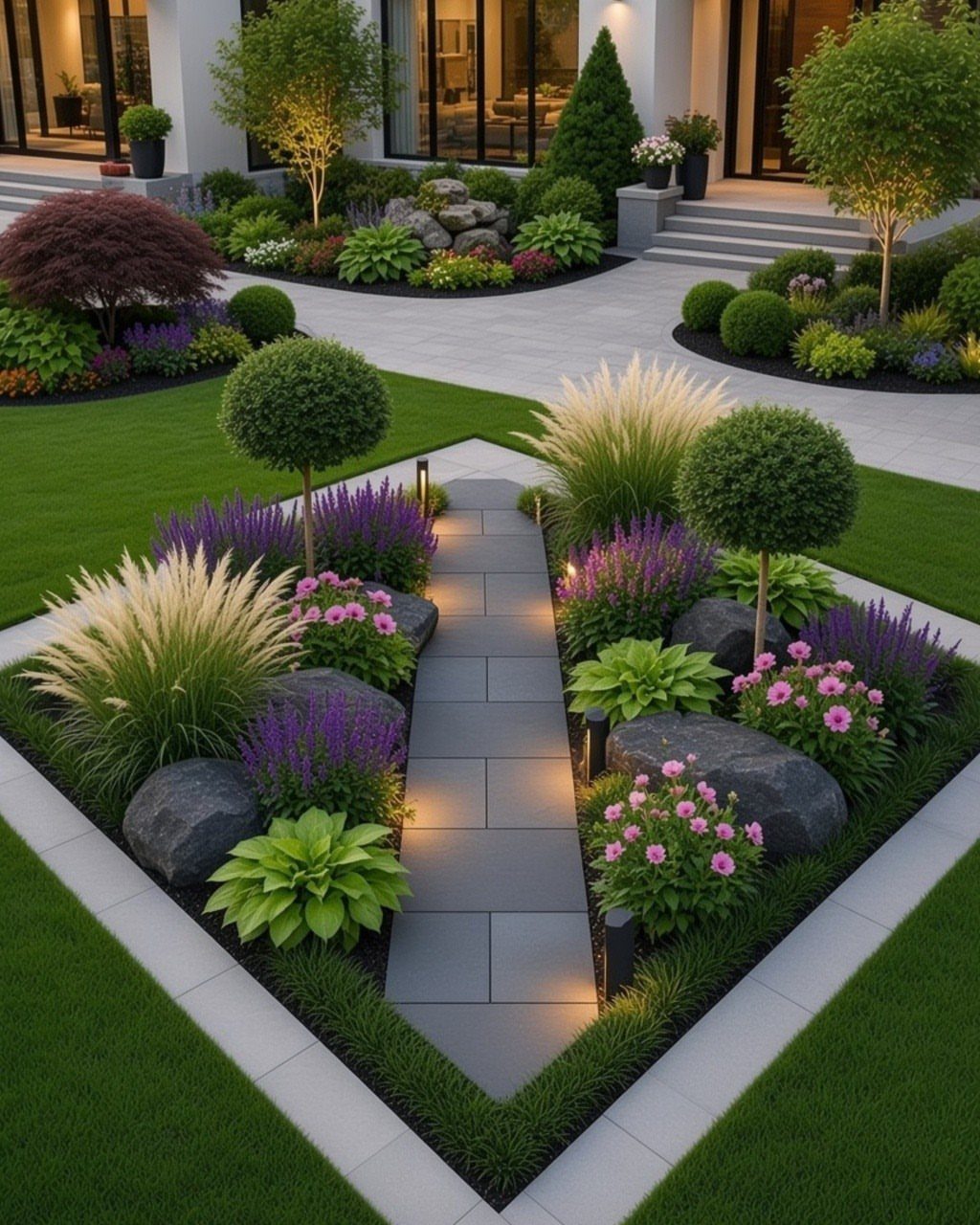 13 Estate Garden Design Ideas With Photos and Planning Tips 11 A geometric garden bed with a stone path, ornamental grasses, and colorful flowers in a manicured lawn.