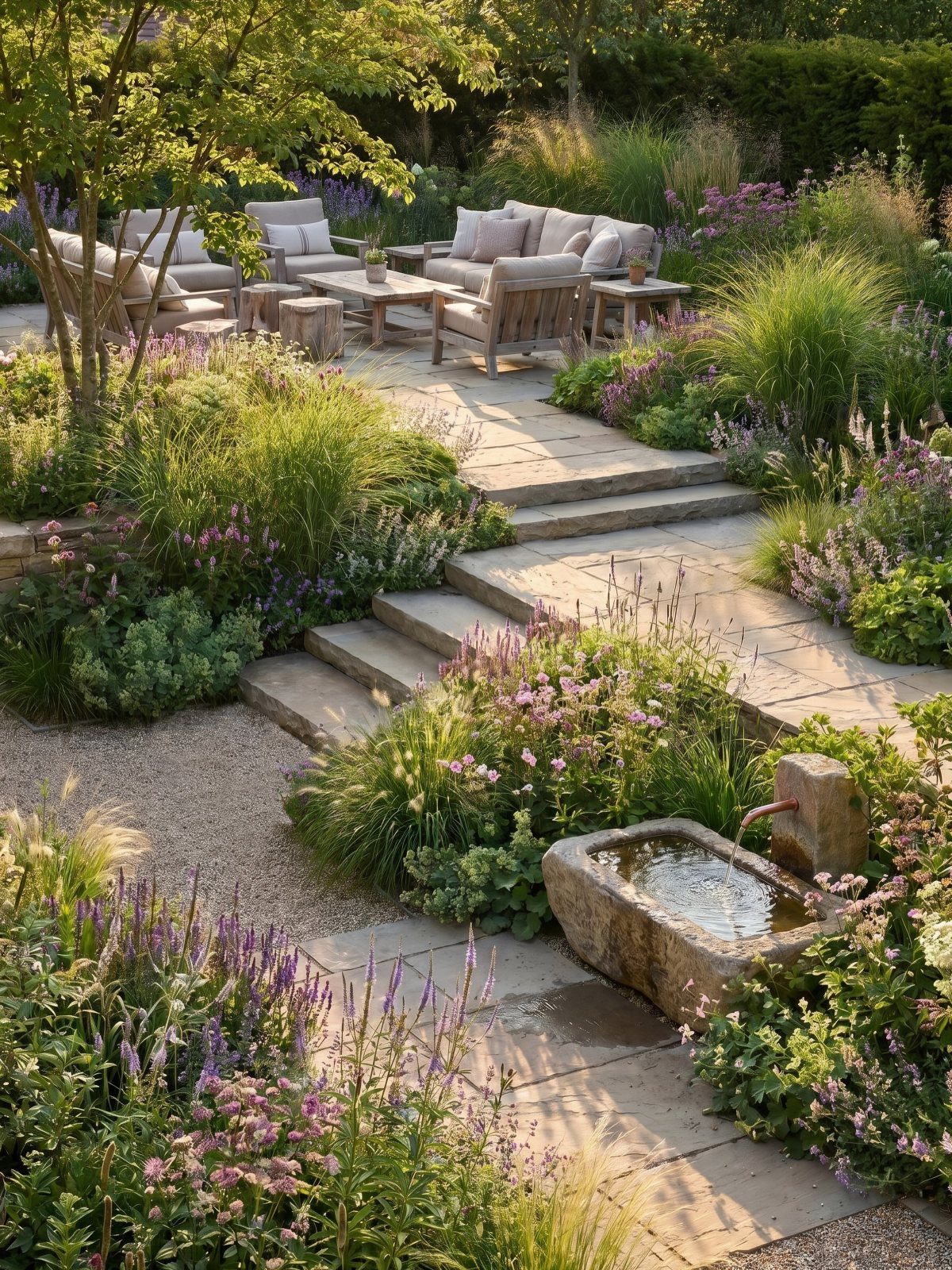 13 Estate Garden Design Ideas With Photos and Planning Tips 6 Stone steps and paved paths create a terraced garden design with lush flowering plants.