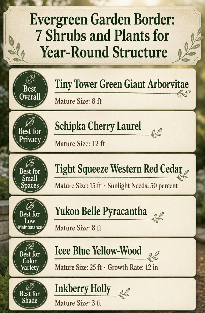 Evergreen Garden Border: 7 Shrubs and Plants for Year-Round Structure 16 An infographic comparing different evergreen shrubs and plants for garden borders.