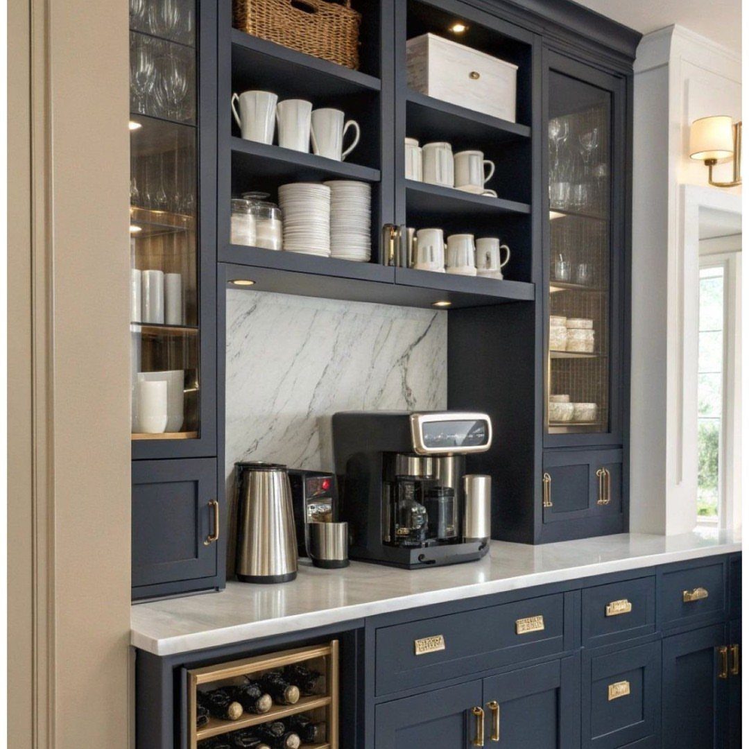 16 Farmhouse Coffee Bar Ideas for Pantry Nooks to Pallet Walls 11 Dark navy blue coffee bar cabinets with white marble backsplash and countertop holding coffee making equipment.