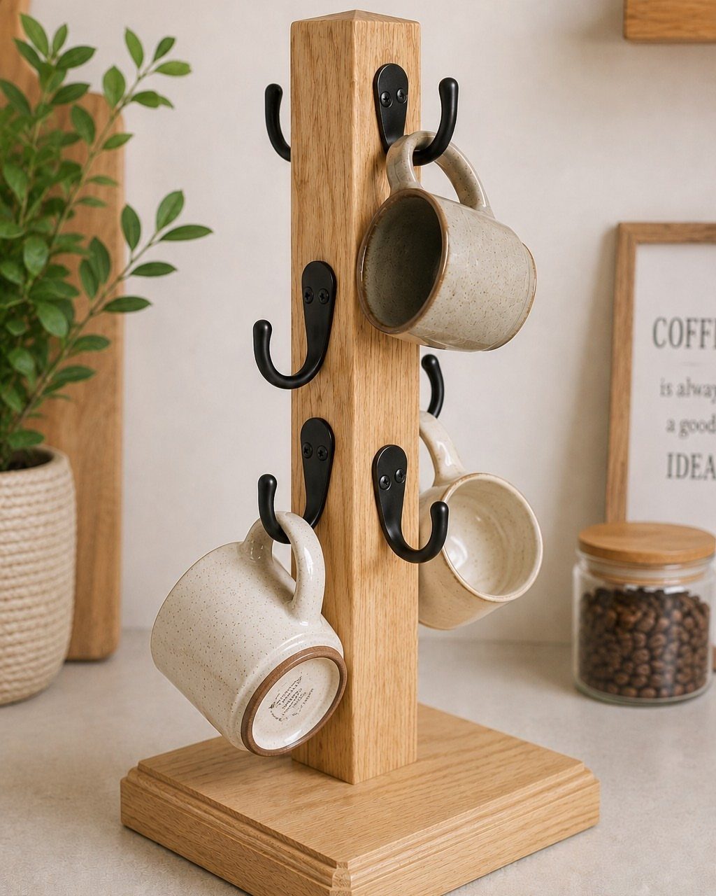 16 Farmhouse Coffee Bar Ideas for Pantry Nooks to Pallet Walls 1 Wooden mug rack with black metal hooks holding two ceramic mugs on a countertop.