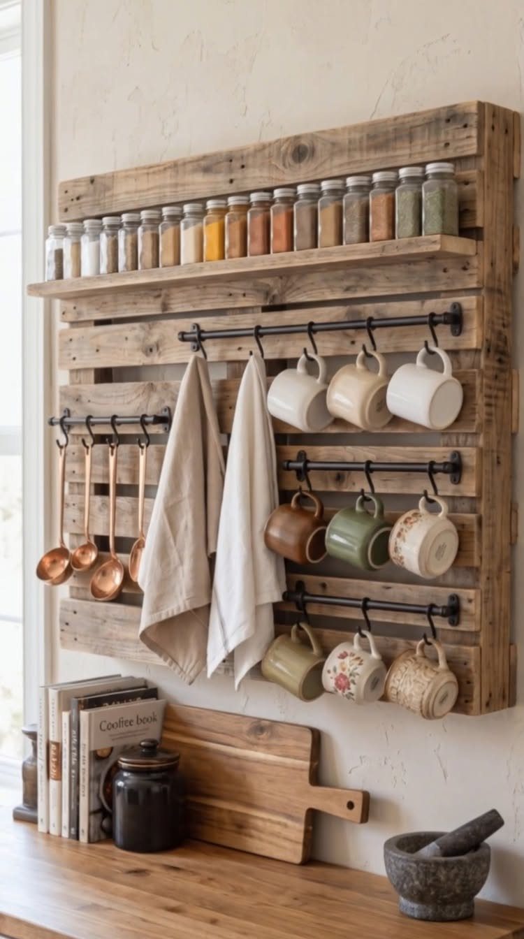 16 Farmhouse Coffee Bar Ideas for Pantry Nooks to Pallet Walls 10 Wooden pallet wall organizer holding spice jars, hanging mugs, kitchen utensils, and linen towels.