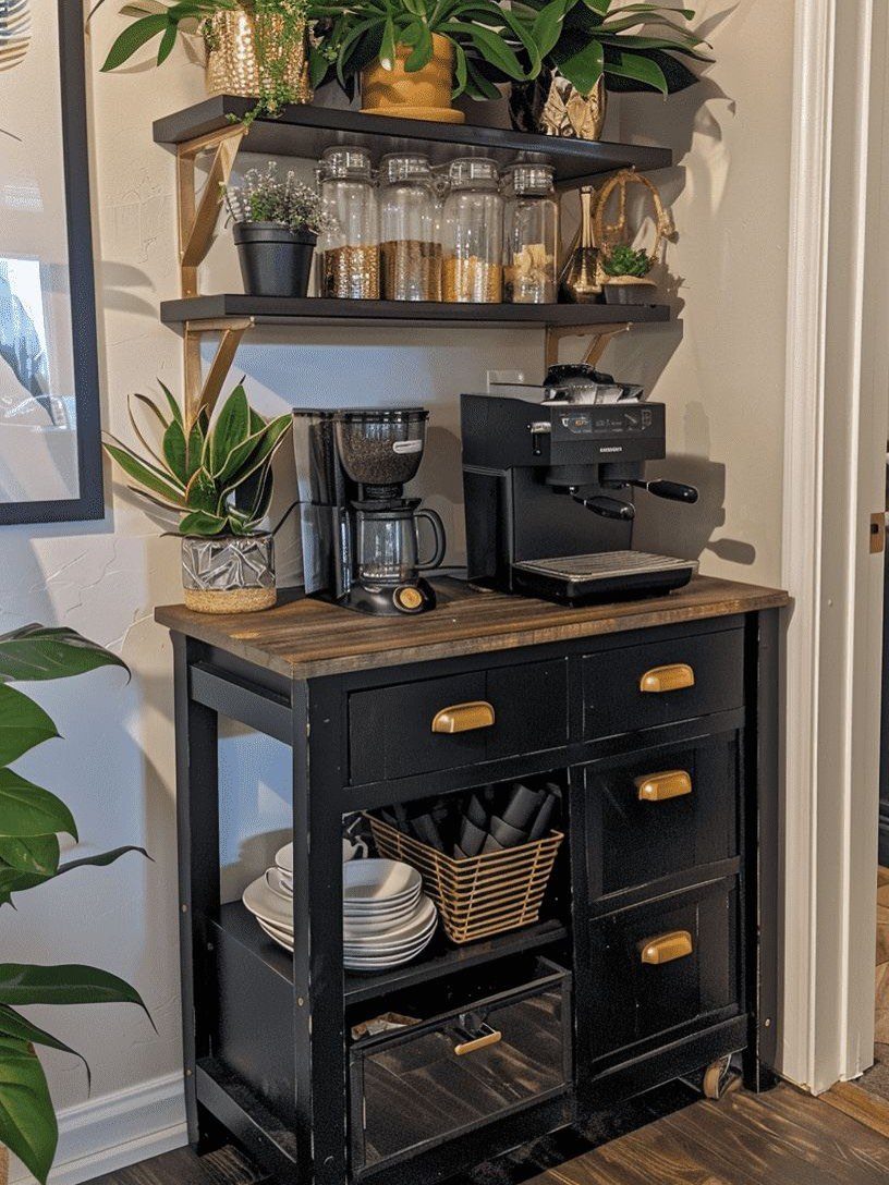 16 Farmhouse Coffee Bar Ideas for Pantry Nooks to Pallet Walls 12 Black coffee cart with wooden countertop and espresso machine sitting against a white wall.