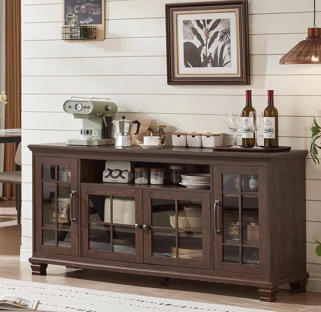 16 Farmhouse Coffee Bar Ideas for Pantry Nooks to Pallet Walls 6 Dark wood vintage sideboard cabinet styled as a coffee bar against white shiplap walls.