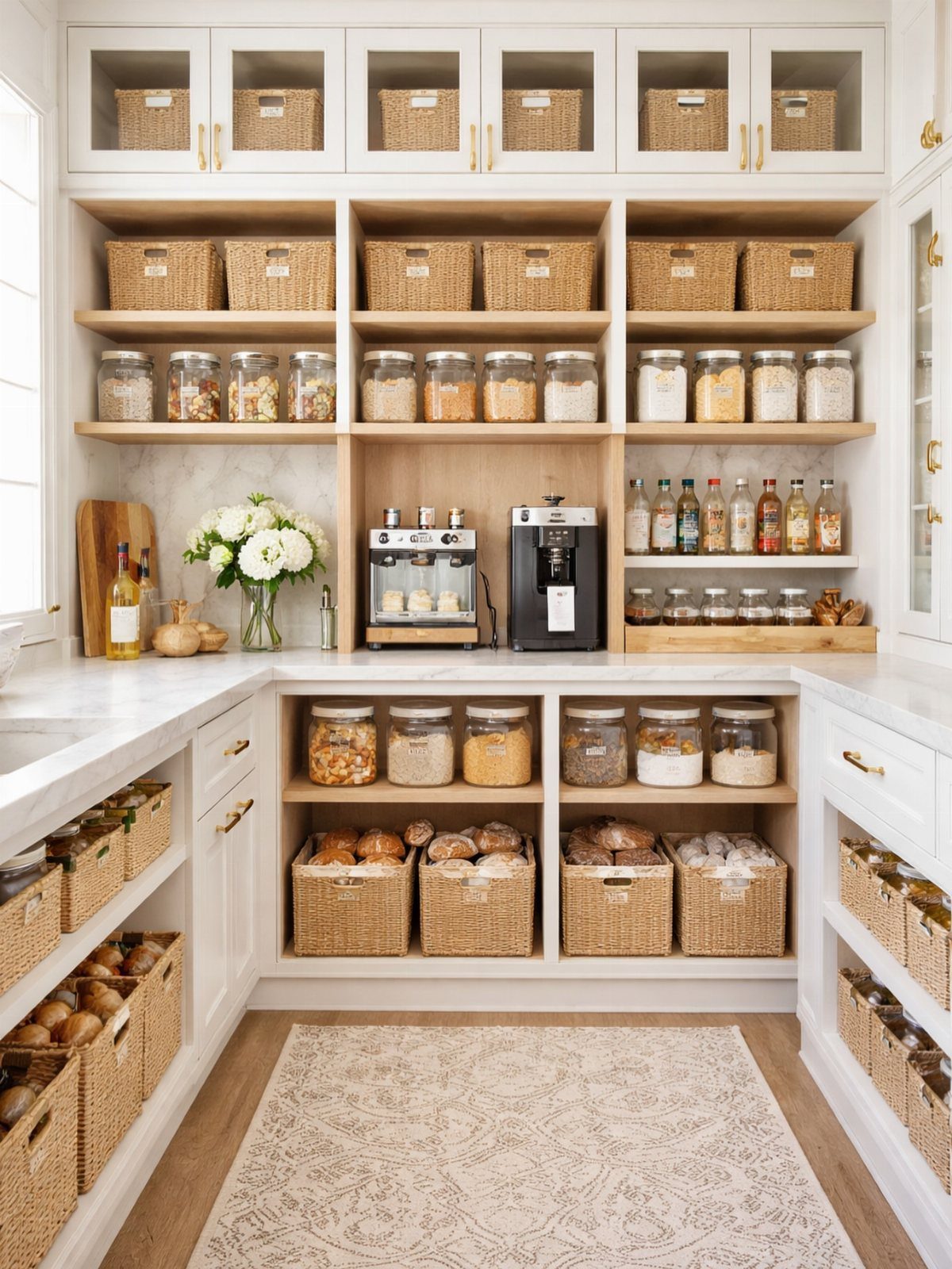 16 Farmhouse Coffee Bar Ideas for Pantry Nooks to Pallet Walls 13 Organized pantry shelves featuring woven baskets and glass canisters filled with various dry food items.