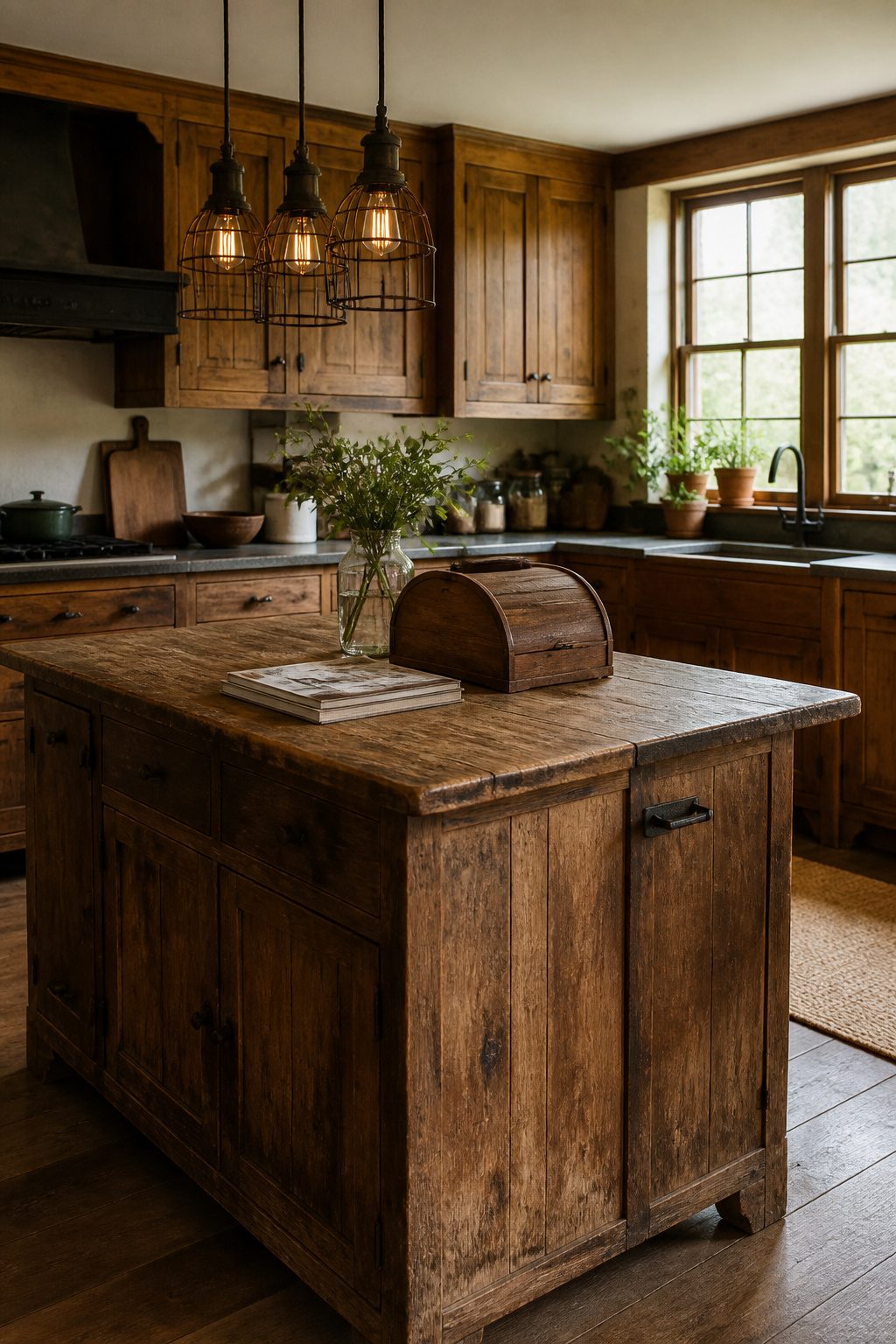 Industrial cage lights hanging above a wooden kitchen island.