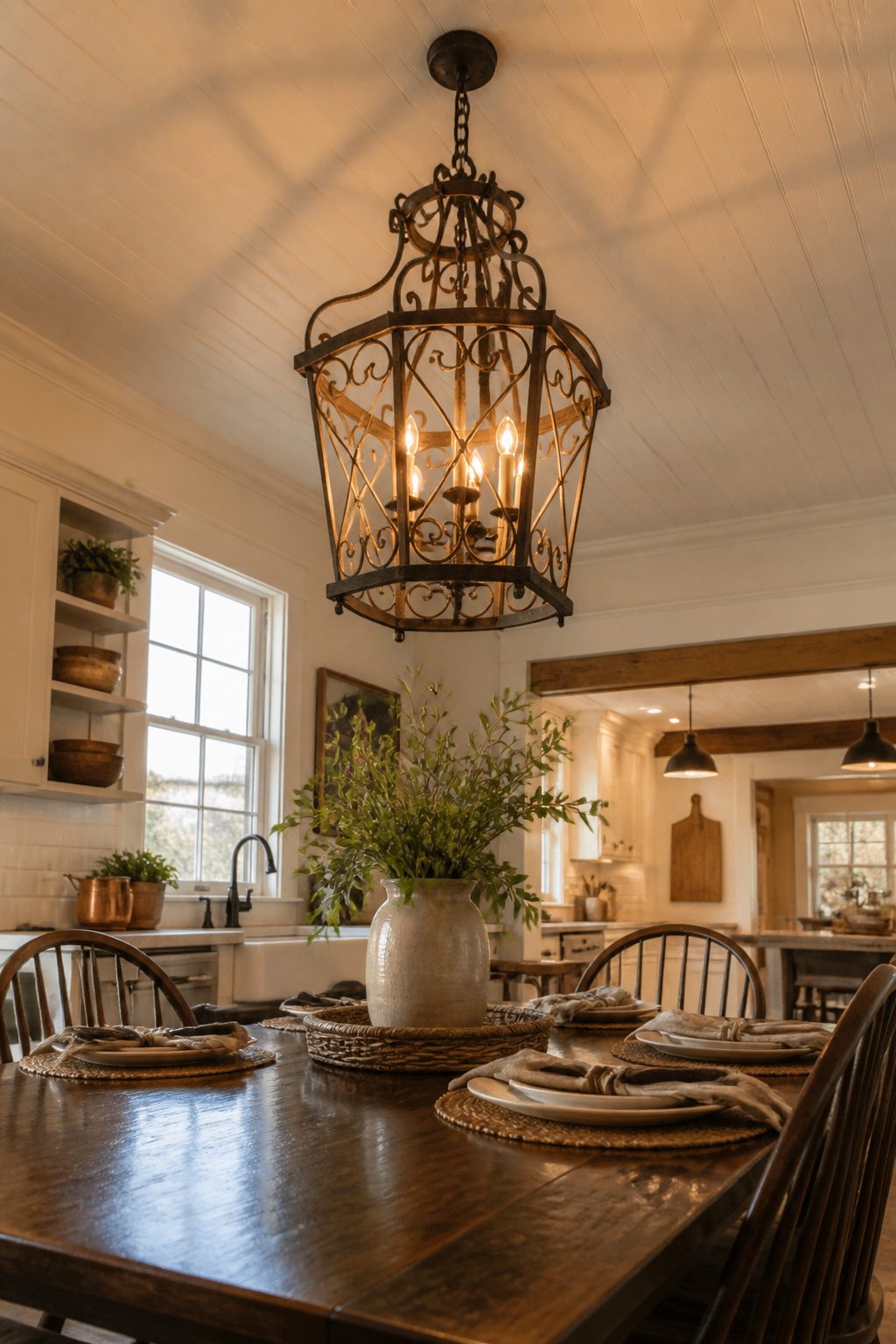 A chandelier with rustic elements over a kitchen table.