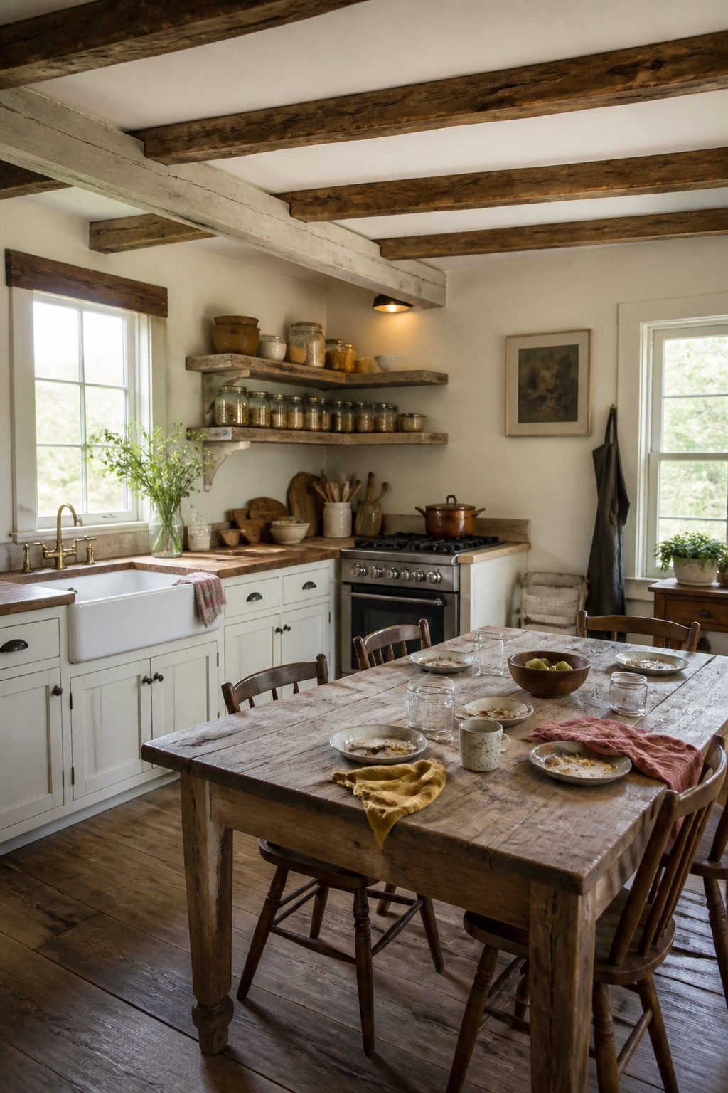 Close to ceiling lights in a farmhouse kitchen.
