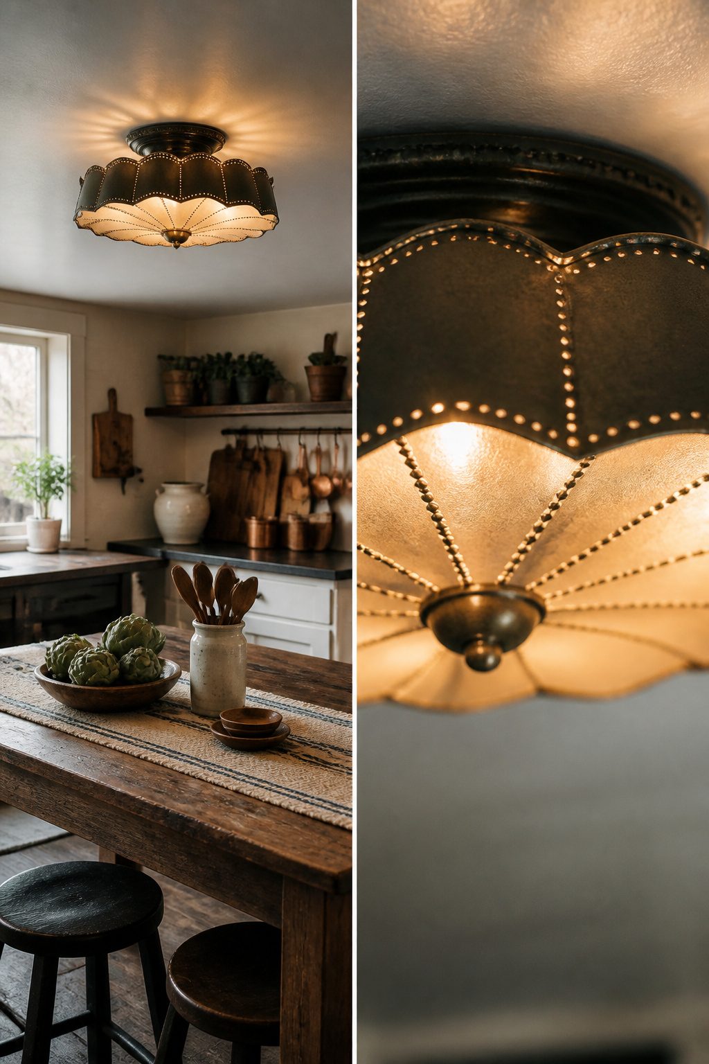 Ceiling lights with shades in a farmhouse kitchen.