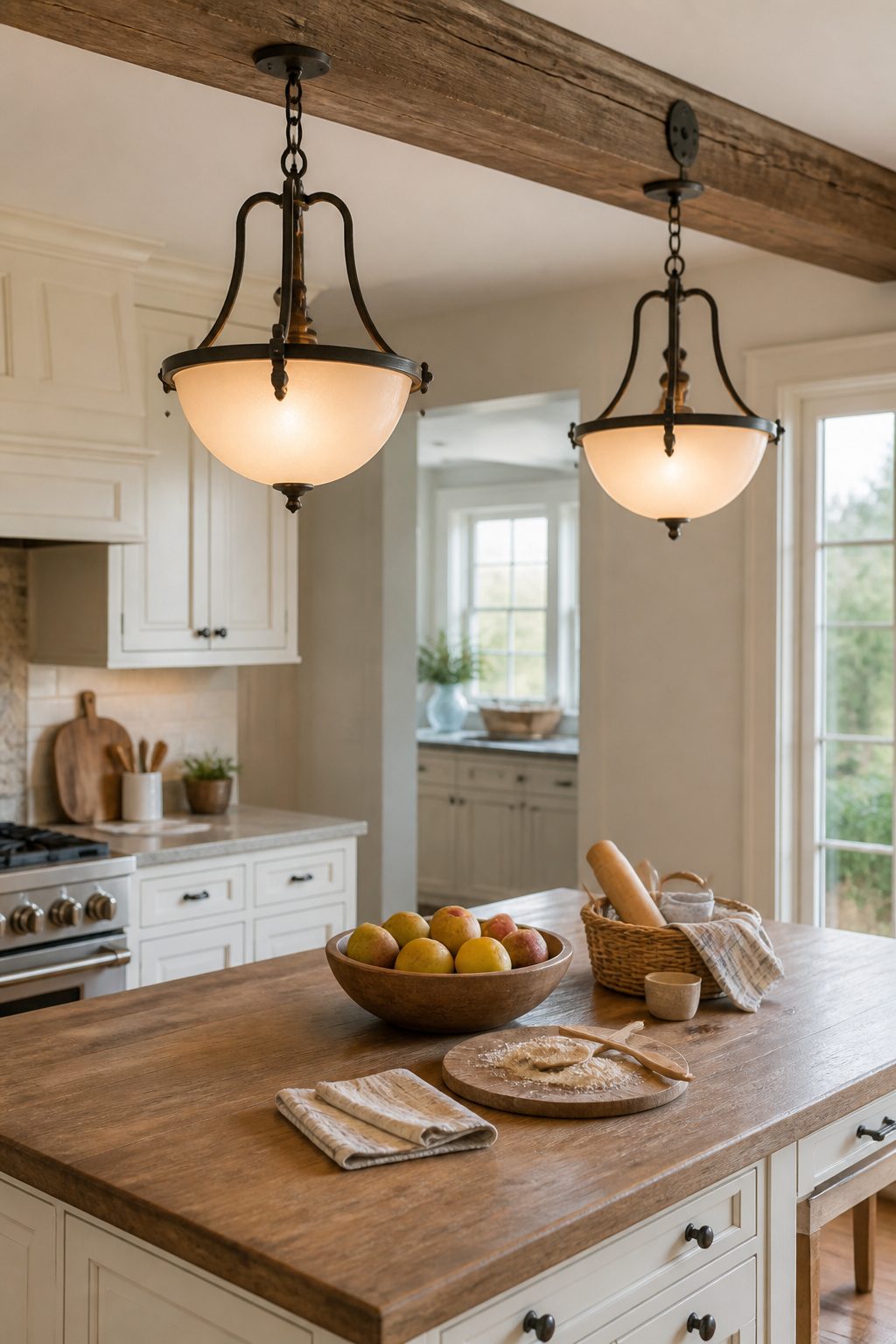 Multiple pendant lights above a kitchen island.