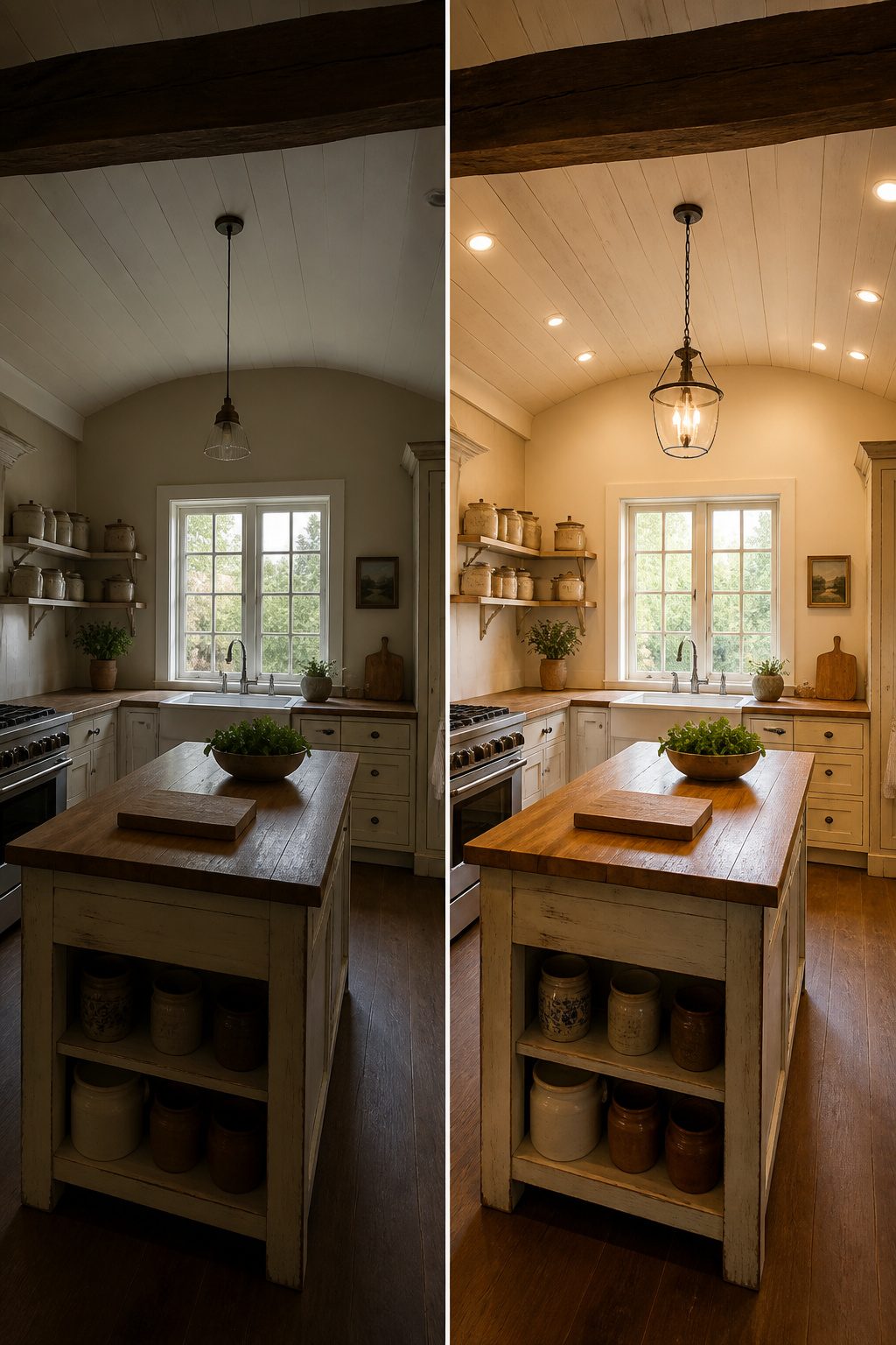 A bright farmhouse kitchen with warm lighting.