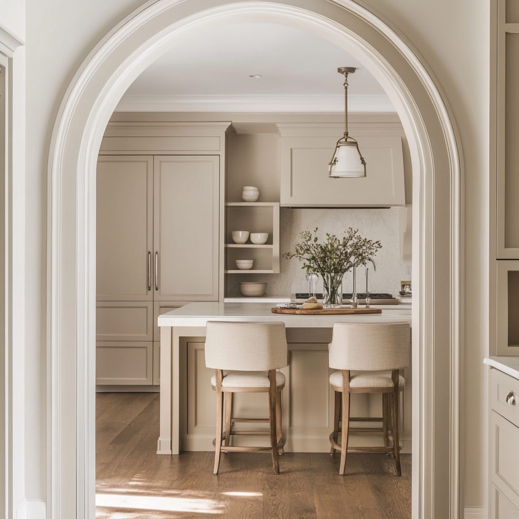 An arched doorway framing a view of a bright, modern kitchen with cream cabinetry and island.