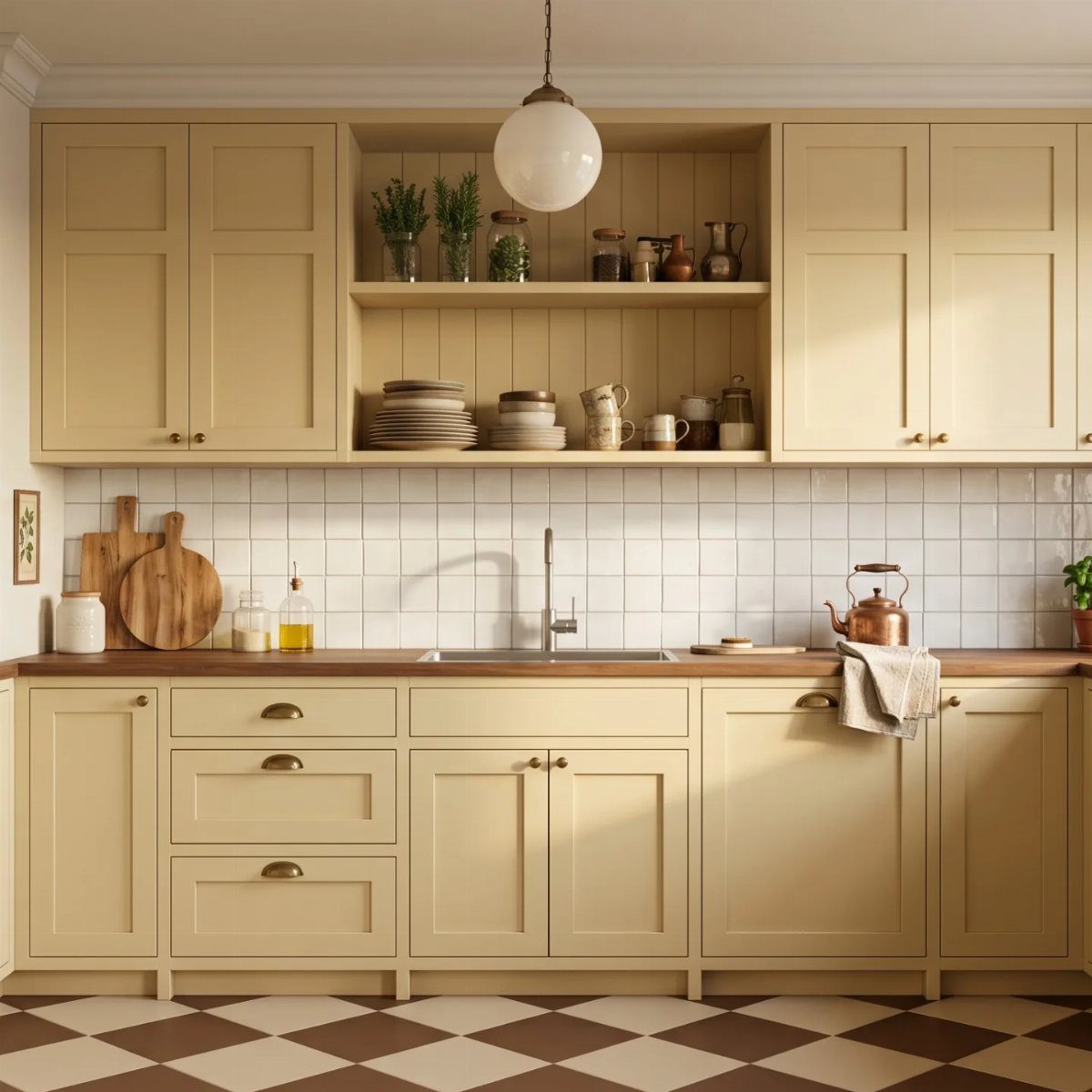 Cream kitchen cabinets with a white tiled backsplash and brown and white checkerboard flooring.