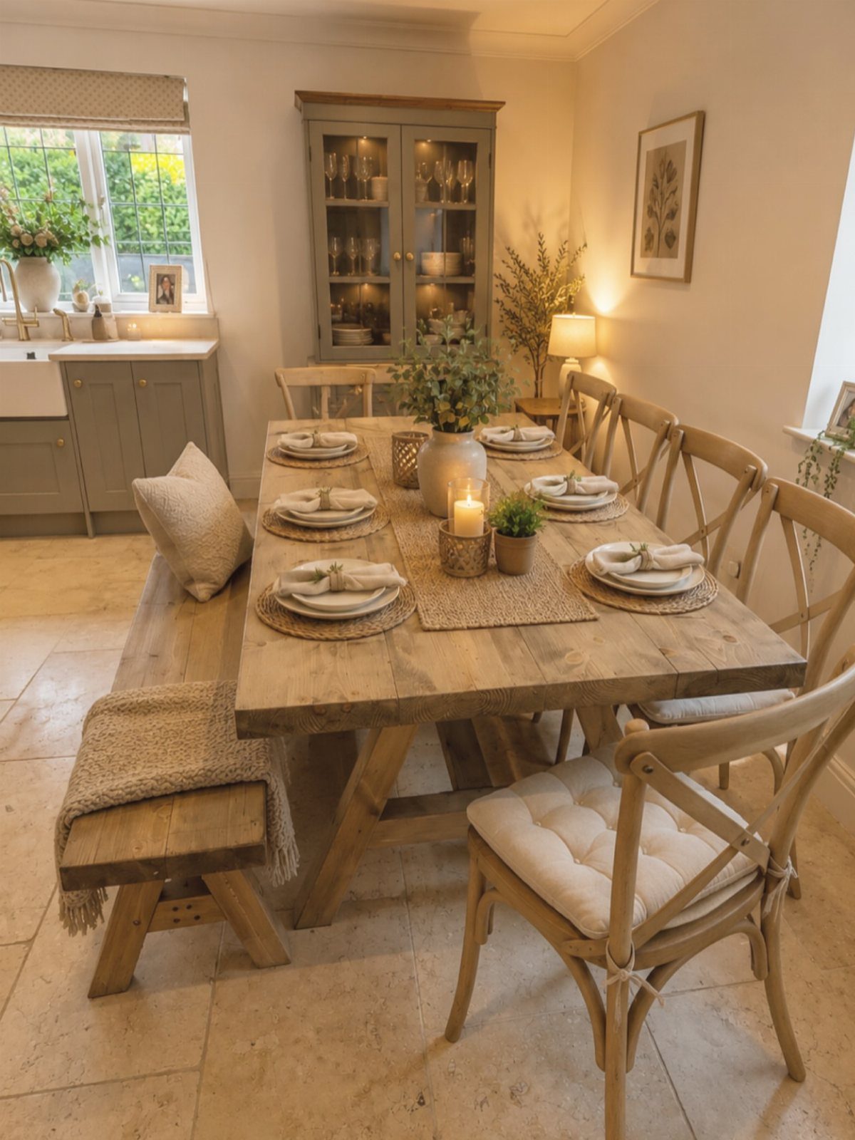 A rustic wooden farmhouse table set with plates and greenery in a bright kitchen.