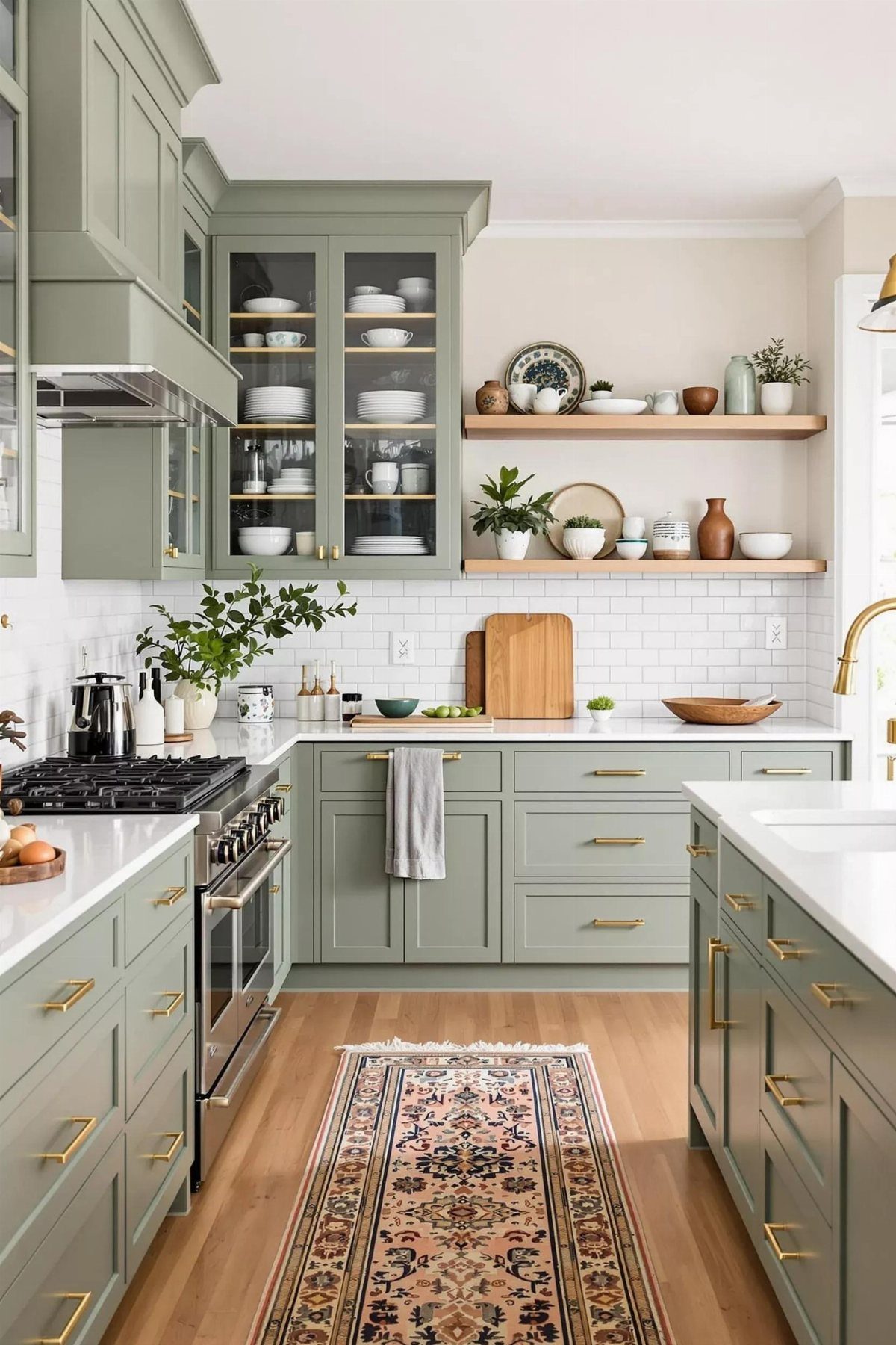 Sage green kitchen cabinets with wooden open shelves holding ceramic dishes and small plants.