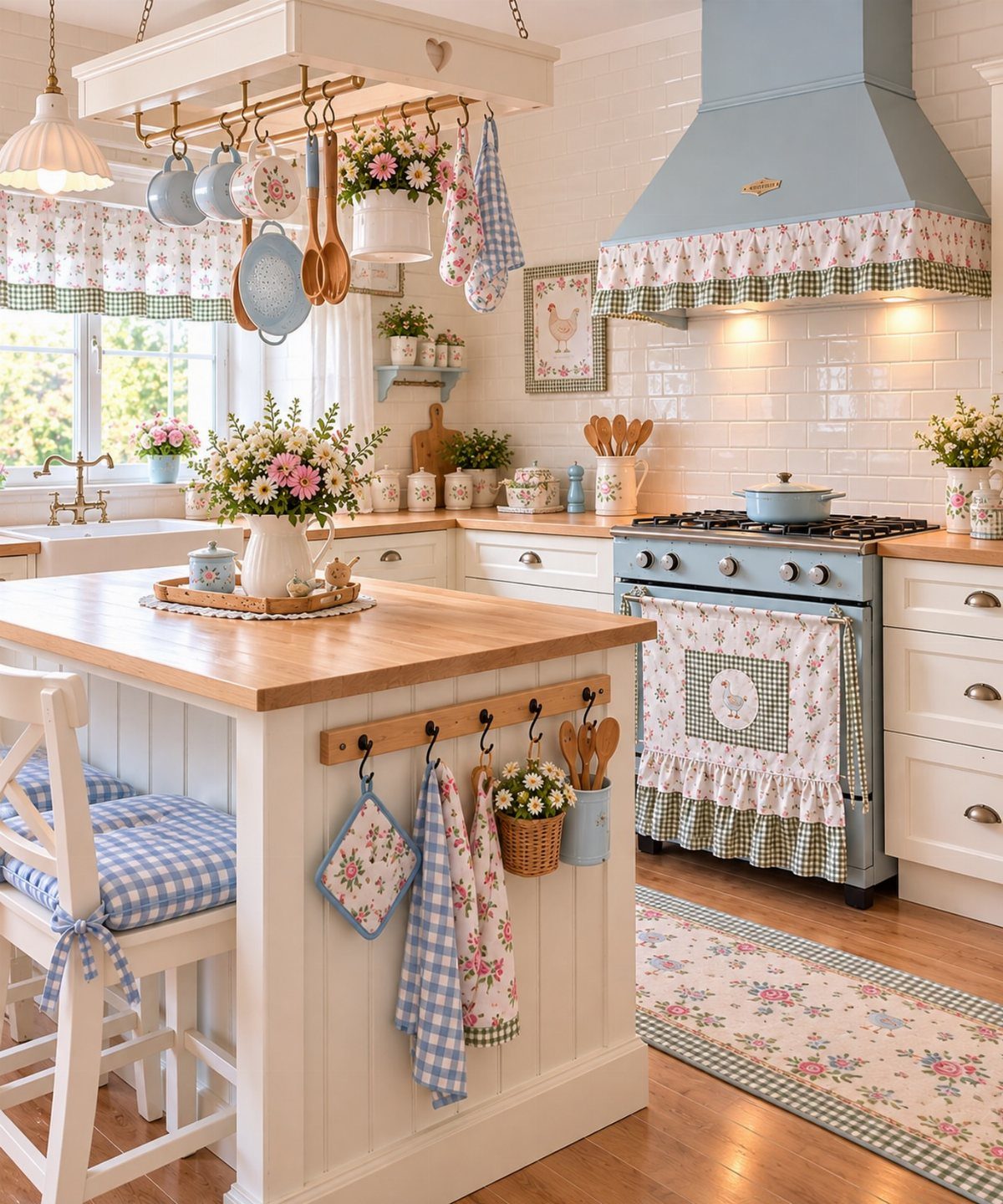 French country kitchen with floral and gingham patterned textiles on the oven, window, and island stools.