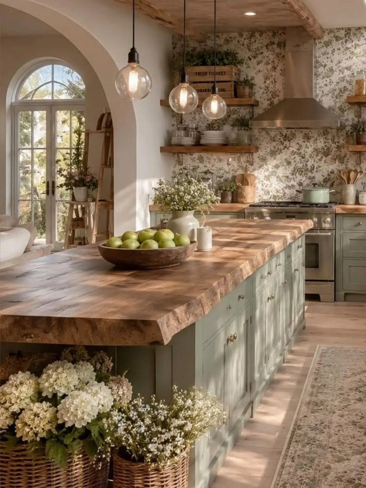 Glass globe pendant lights hanging over a large rustic wooden kitchen island with green cabinets.