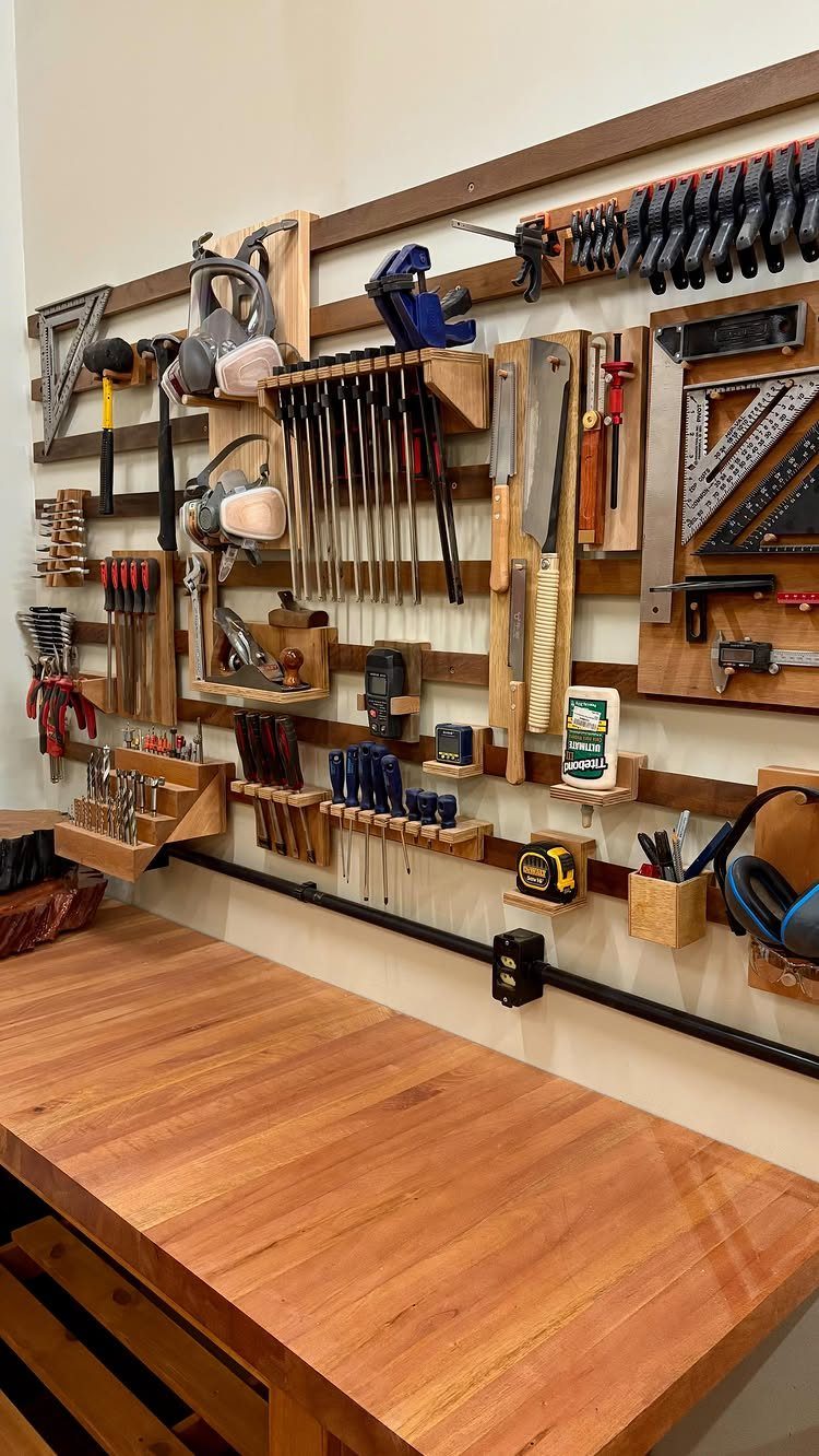 Organized hand tools hanging on a wooden slatwall system above a wooden workbench.