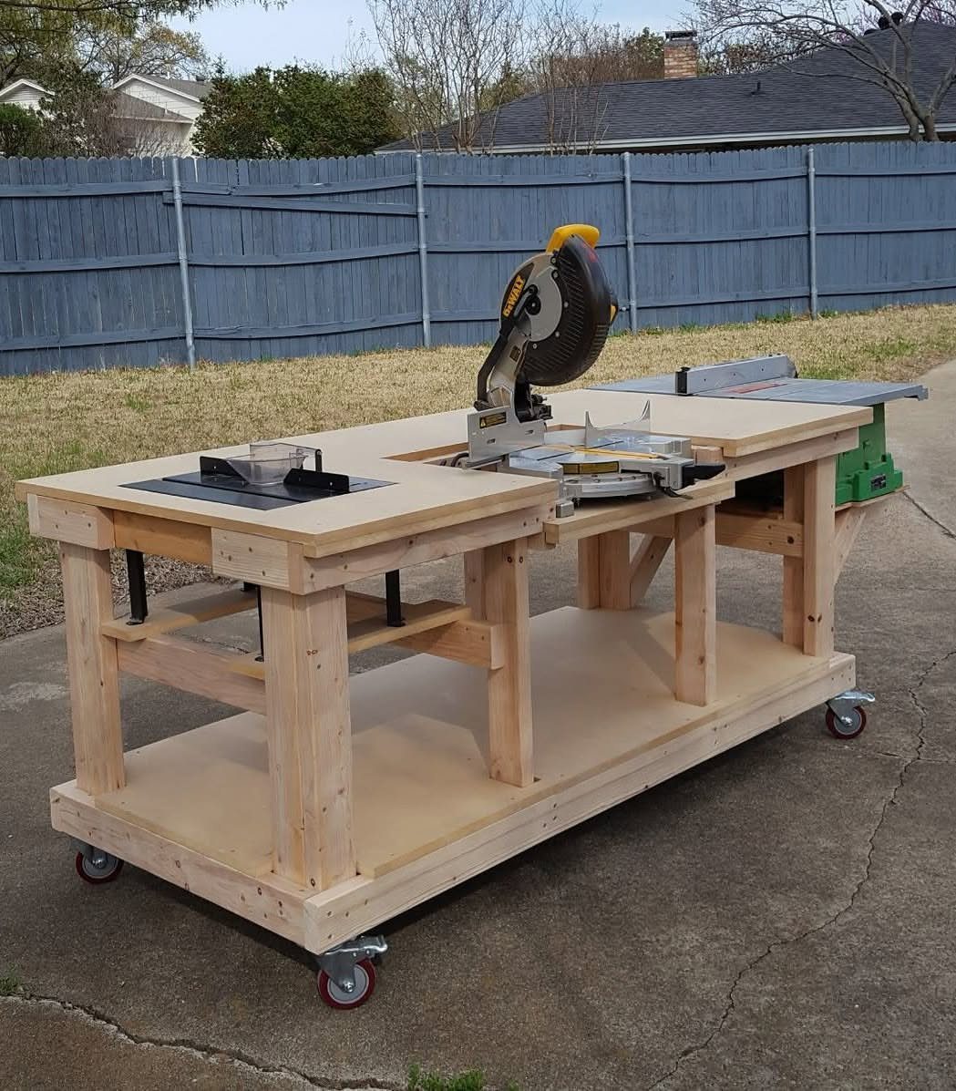 Garage Storage and Workshop: 8 Ideas That Actually Fit 3 A wooden mobile workstation with a miter saw and table saw mounted on wheels.