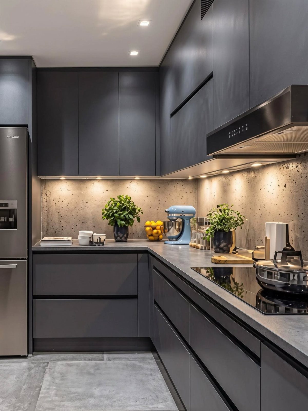 Dark grey kitchen cabinets with a light blue stand mixer on a grey countertop.