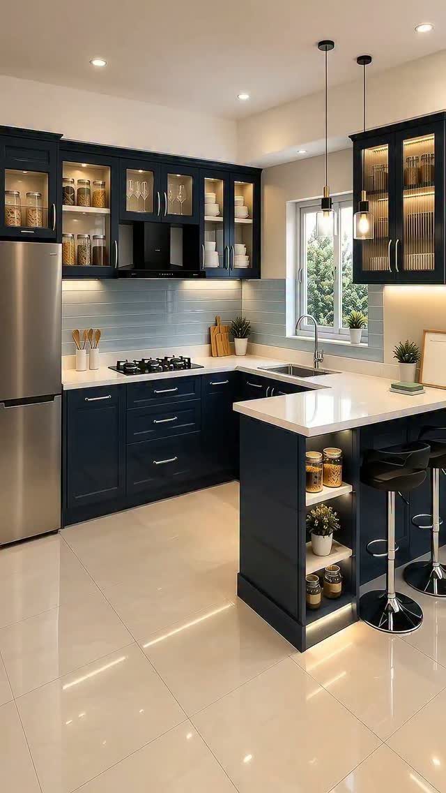 Navy blue kitchen cabinets paired with a light grey subway tile backsplash and white countertops.