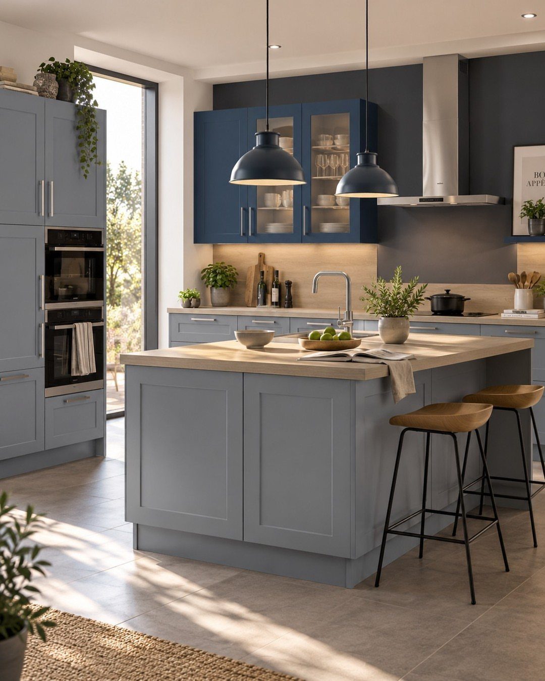 Grey kitchen island with a light wood countertop and two wooden bar stools in a modern kitchen.
