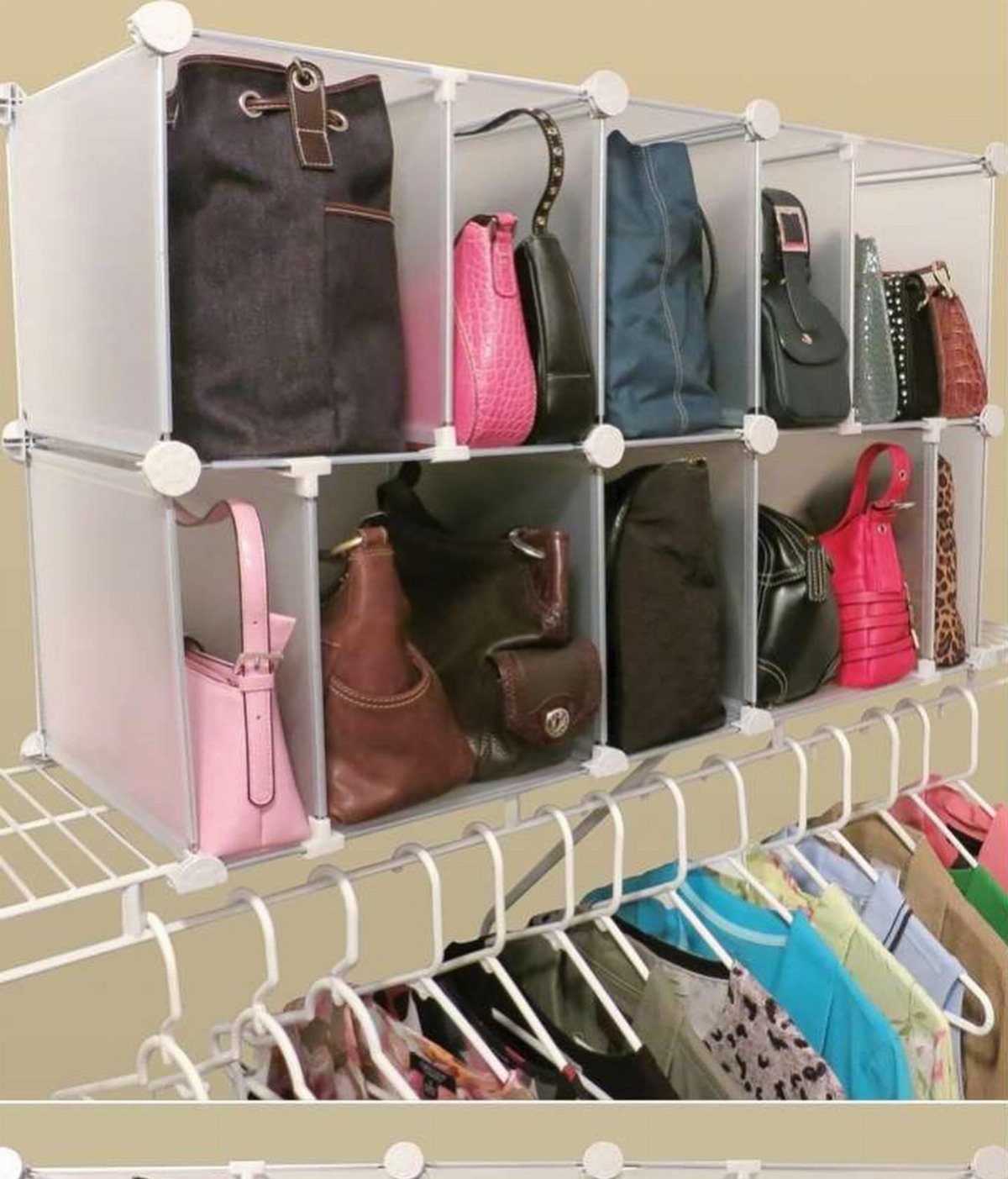 Translucent plastic cubby organizers filled with various colorful handbags on a white wire shelf.
