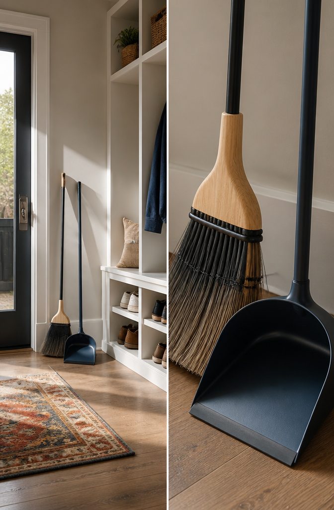 A broom and dustpan set against a wall, ready for use.