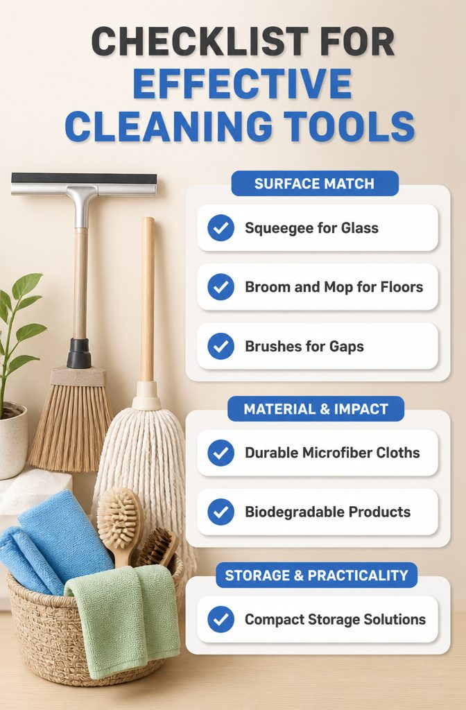 A checklist outlining effective cleaning tools and their uses.