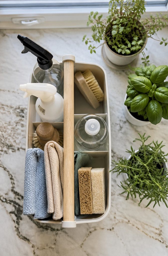 A cleaning cart holding various cleaning supplies for easy transport.