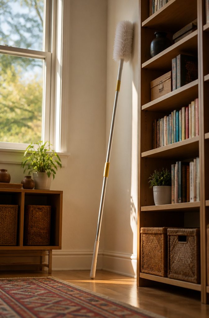 An extendable duster with a telescoping pole for cleaning high surfaces.