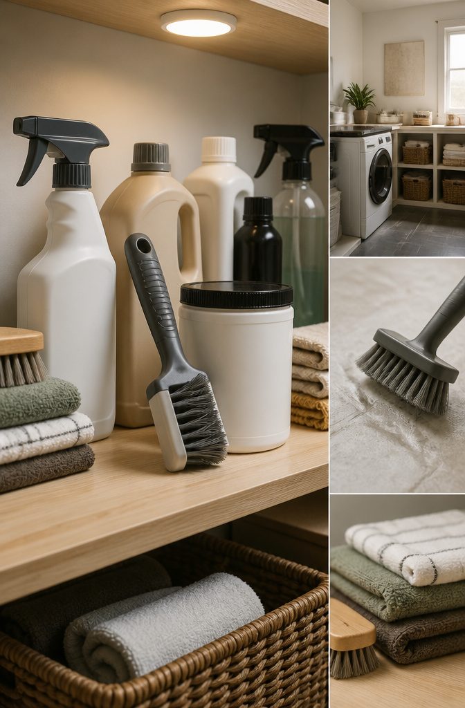 A selection of heavy-duty cleaning products and specialty tools on a shelf.