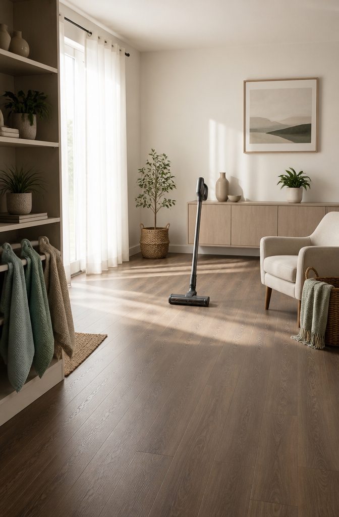 A clean and organized room with clear surfaces and no clutter.