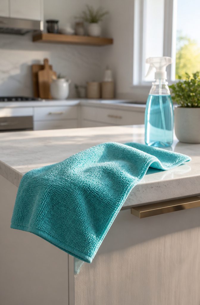 A turquoise microfiber cloth draped over a kitchen counter with cleaning supplies.