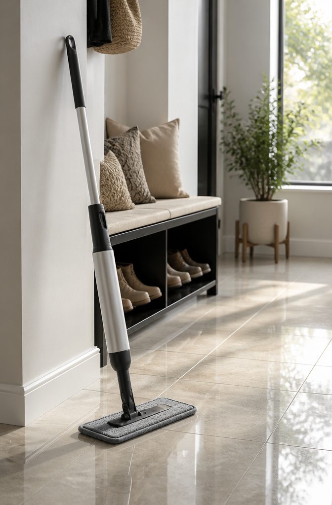 A microfiber mop positioned next to a clean tile floor.