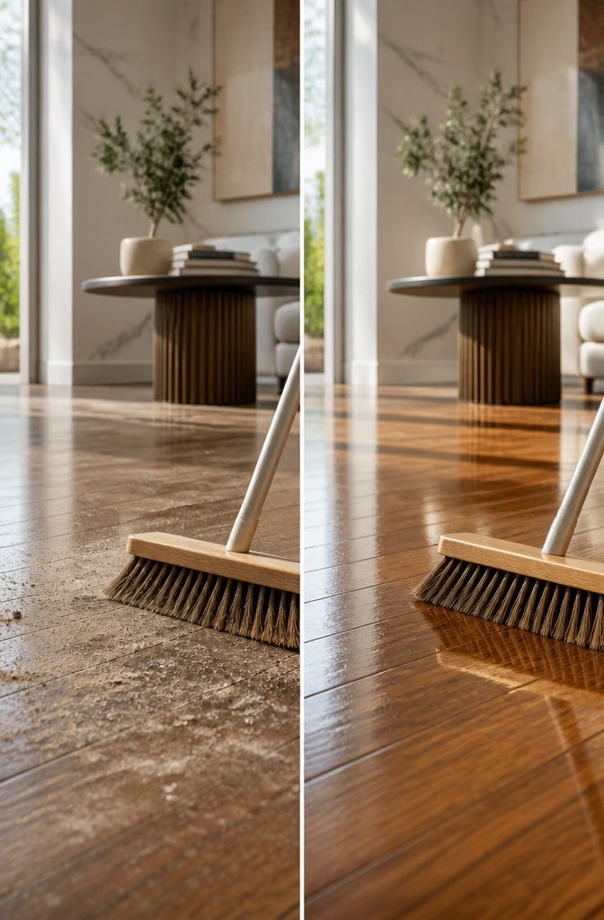 A soft-bristle brush resting on a hardwood floor.