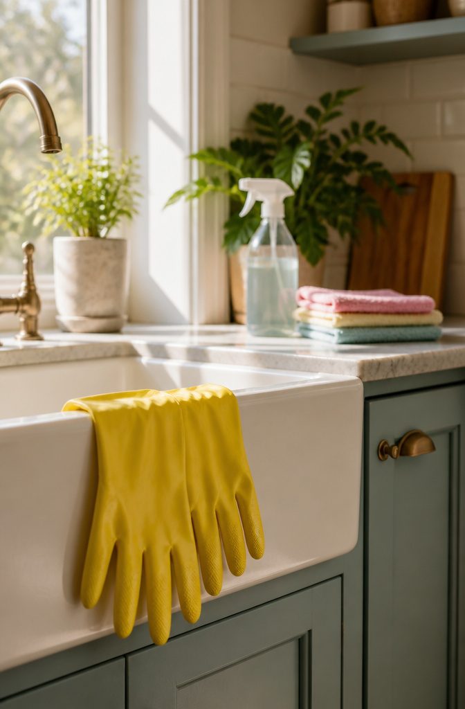 A pair of yellow rubber gloves draped over a sink in a kitchen.
