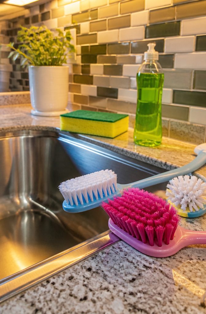 Various scrub brushes with different bristle stiffness near a kitchen sink.