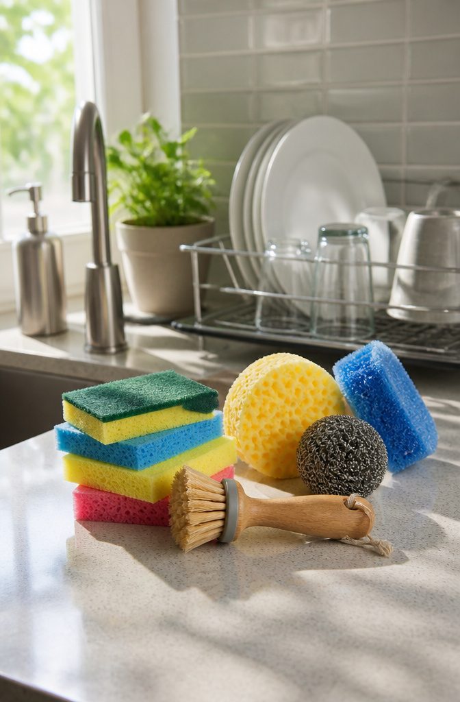 Various sponges and scrubbers displayed on a clean kitchen countertop.